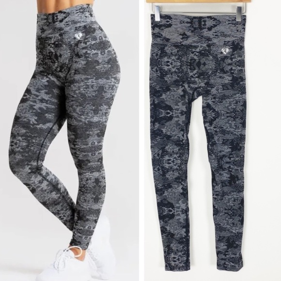WOMEN’S BEST Seamless Leggings Black Grey Jacquard Camo Print Small/Medium - Picture 1 of 9
